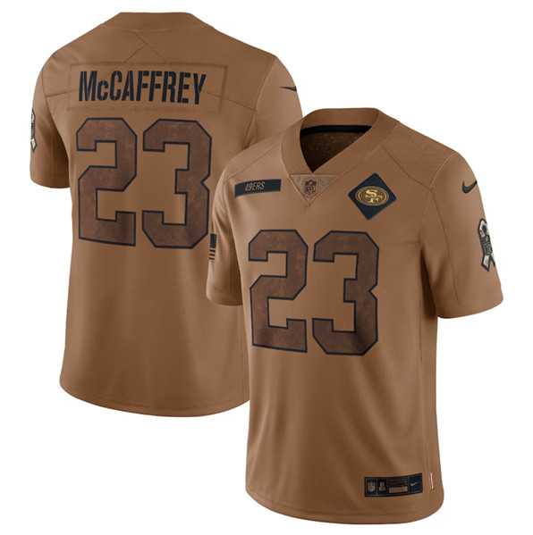 Men's San Francisco 49ers #23 Christian McCaffrey 2023 Brown Salute To Service Limited Football Stitched Jersey Dyin